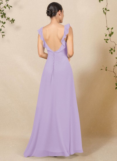 A-Line Square Neckline Floor-Length Chiffon Bridesmaid Dresses With High Split