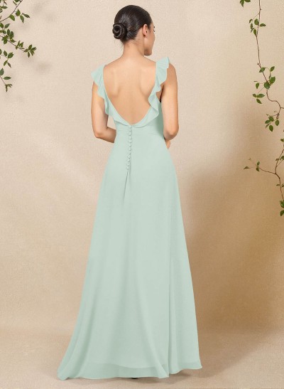 A-Line Square Neckline Floor-Length Chiffon Bridesmaid Dresses With High Split