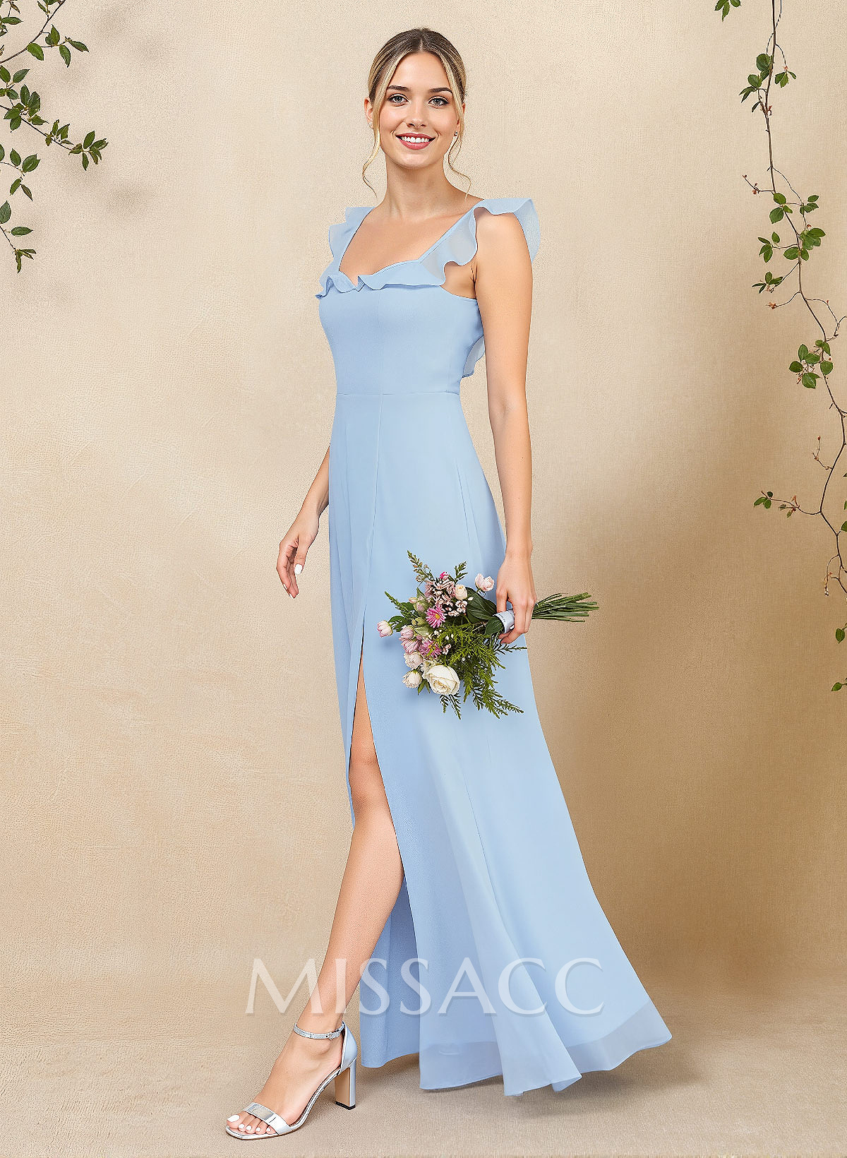 A-Line Square Neckline Floor-Length Chiffon Bridesmaid Dresses With High Split
