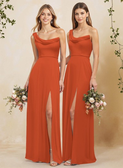 Elegant A-Line One-Shoulder Floor-Length Chiffon Bridesmaid Dresses With High Split