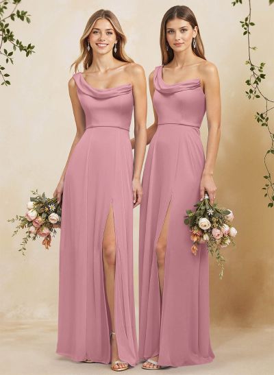 Elegant A-Line One-Shoulder Floor-Length Chiffon Bridesmaid Dresses With High Split