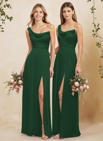 Elegant A-Line One-Shoulder Floor-Length Chiffon Bridesmaid Dresses With High Split