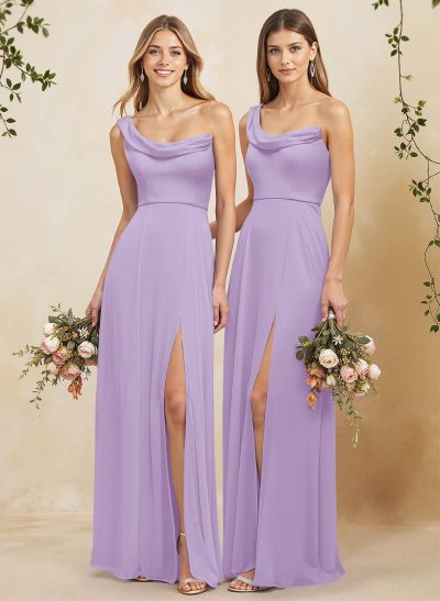 Elegant A-Line One-Shoulder Floor-Length Chiffon Bridesmaid Dresses With High Split