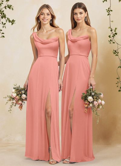 Elegant A-Line One-Shoulder Floor-Length Chiffon Bridesmaid Dresses With High Split