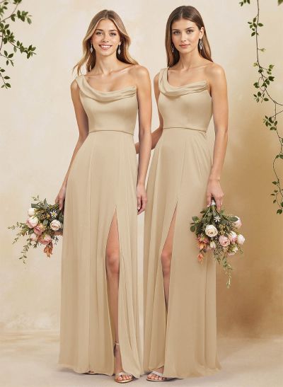 Elegant A-Line One-Shoulder Floor-Length Chiffon Bridesmaid Dresses With High Split