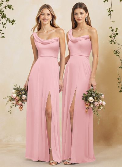 Elegant A-Line One-Shoulder Floor-Length Chiffon Bridesmaid Dresses With High Split