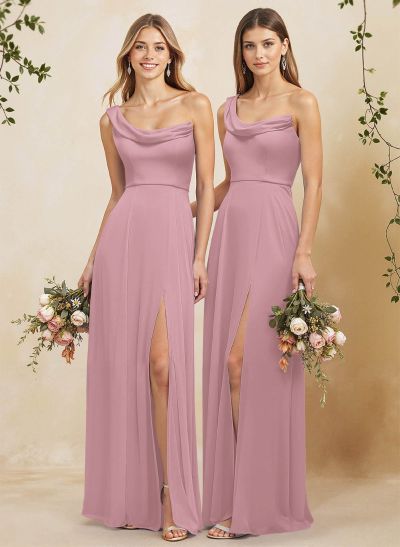 Elegant A-Line One-Shoulder Floor-Length Chiffon Bridesmaid Dresses With High Split