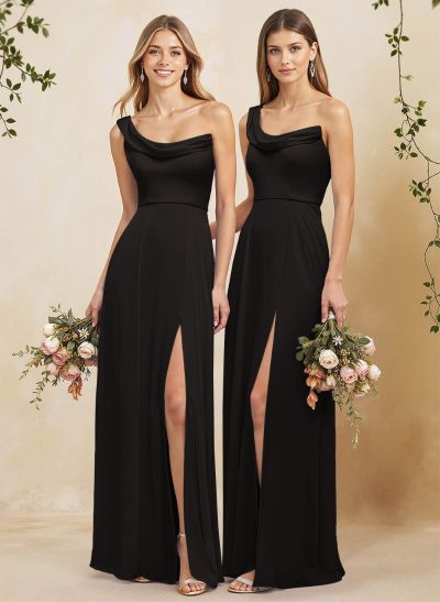 Elegant A-Line One-Shoulder Floor-Length Chiffon Bridesmaid Dresses With High Split