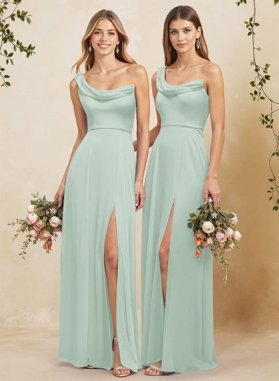 Elegant A-Line One-Shoulder Floor-Length Chiffon Bridesmaid Dresses With High Split