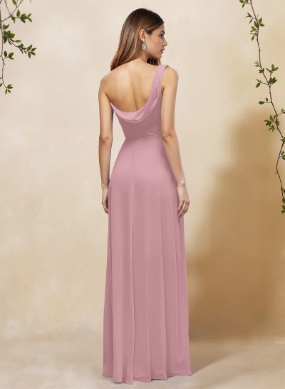 Elegant A-Line One-Shoulder Floor-Length Chiffon Bridesmaid Dresses With High Split