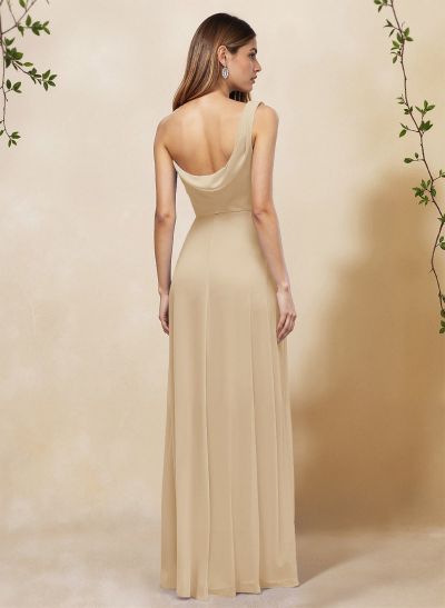 Elegant A-Line One-Shoulder Floor-Length Chiffon Bridesmaid Dresses With High Split
