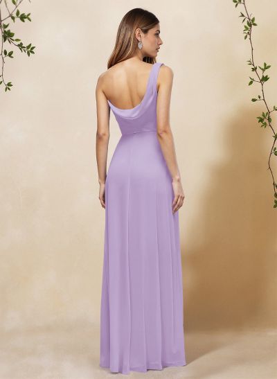 Elegant A-Line One-Shoulder Floor-Length Chiffon Bridesmaid Dresses With High Split