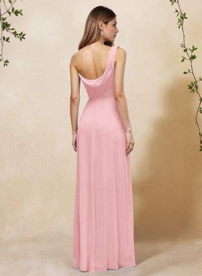 Elegant A-Line One-Shoulder Floor-Length Chiffon Bridesmaid Dresses With High Split