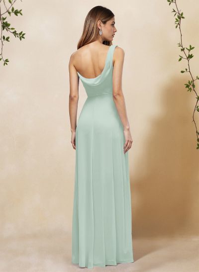 Elegant A-Line One-Shoulder Floor-Length Chiffon Bridesmaid Dresses With High Split
