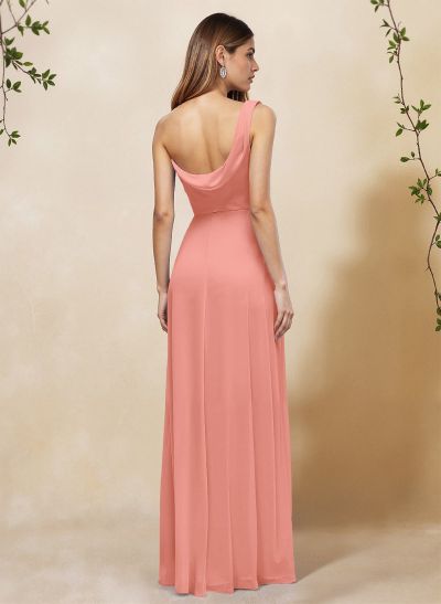 Elegant A-Line One-Shoulder Floor-Length Chiffon Bridesmaid Dresses With High Split