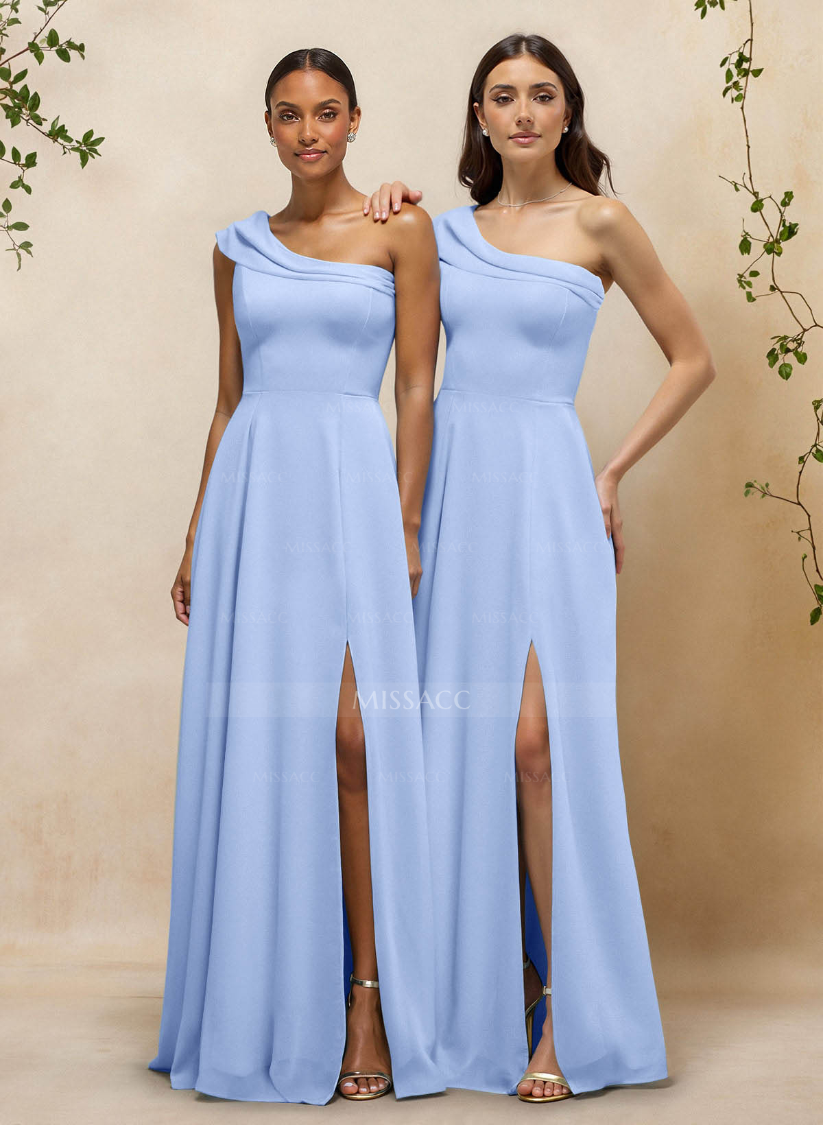 Elegant A-Line One-Shoulder Floor-Length Chiffon Bridesmaid Dresses With High Split