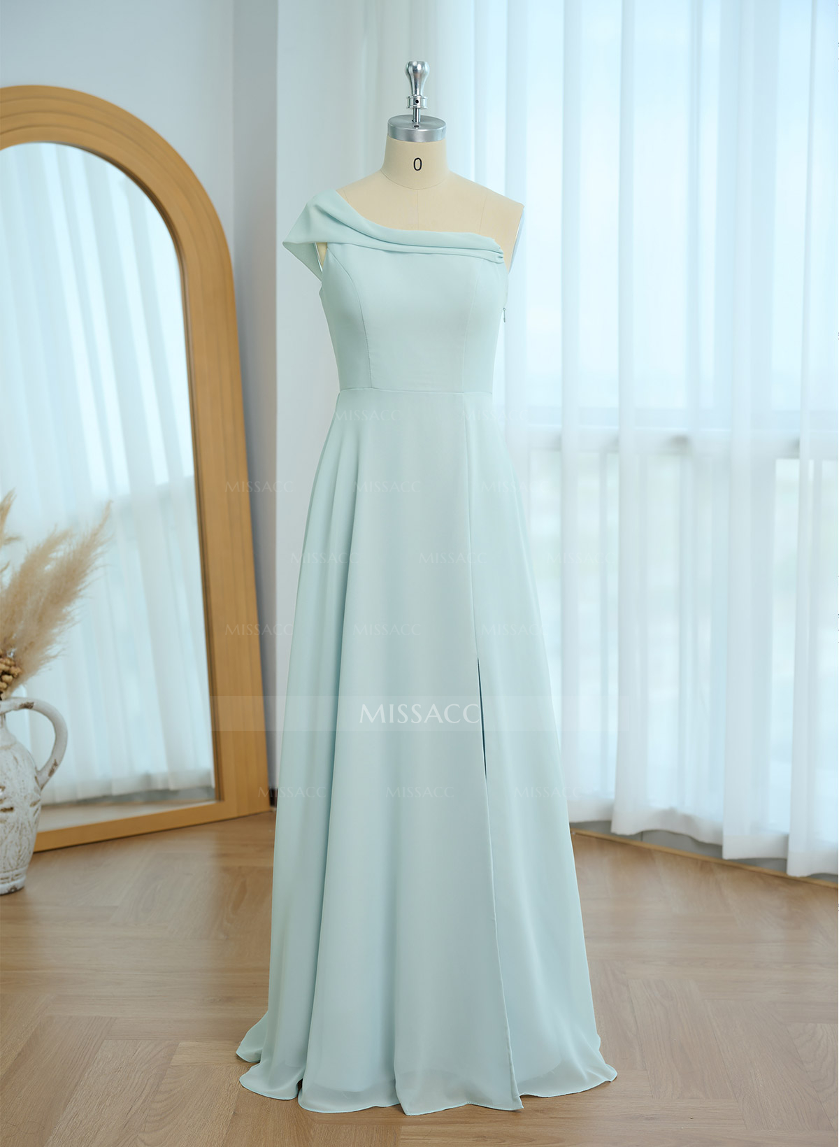 Elegant A-Line One-Shoulder Floor-Length Chiffon Bridesmaid Dresses With High Split