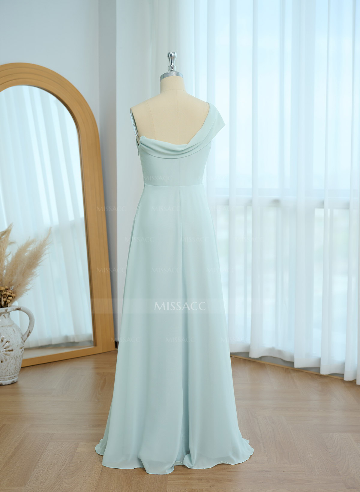 Elegant A-Line One-Shoulder Floor-Length Chiffon Bridesmaid Dresses With High Split