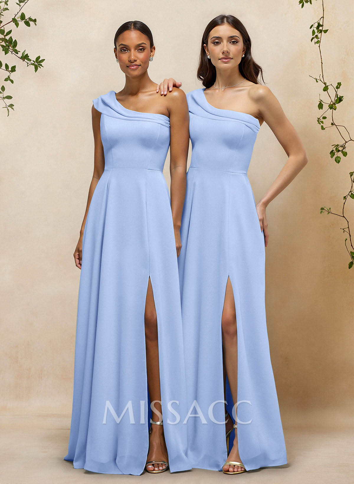 Elegant A-Line One-Shoulder Floor-Length Chiffon Bridesmaid Dresses With High Split