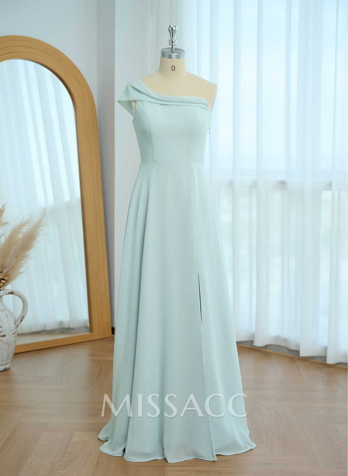 Elegant A-Line One-Shoulder Floor-Length Chiffon Bridesmaid Dresses With High Split