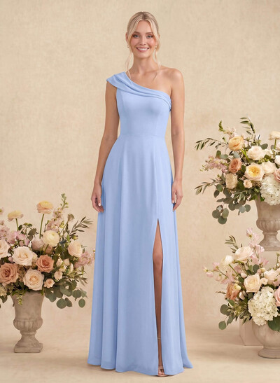 Elegant A-Line One-Shoulder Floor-Length Chiffon Bridesmaid Dresses With High Split