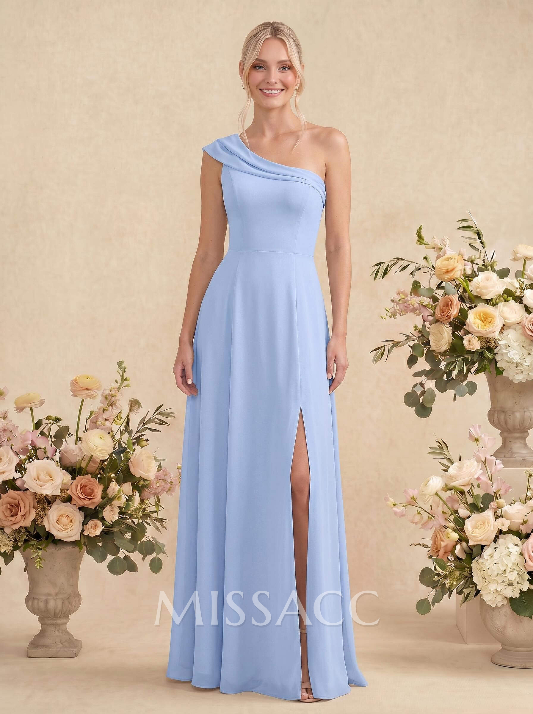 Elegant A-Line One-Shoulder Floor-Length Chiffon Bridesmaid Dresses With High Split