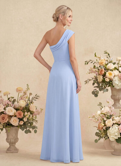 Elegant A-Line One-Shoulder Floor-Length Chiffon Bridesmaid Dresses With High Split
