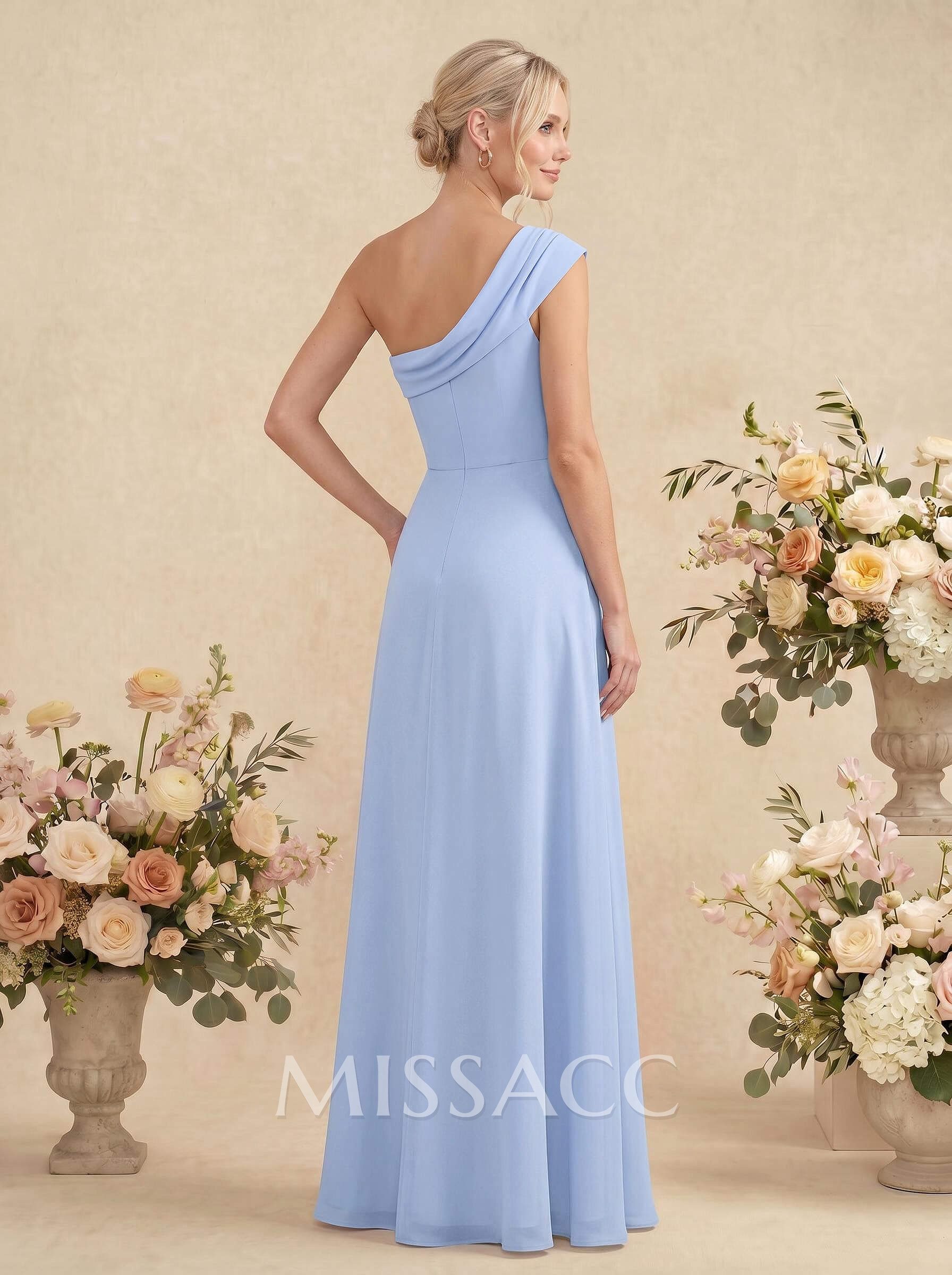 Elegant A-Line One-Shoulder Floor-Length Chiffon Bridesmaid Dresses With High Split
