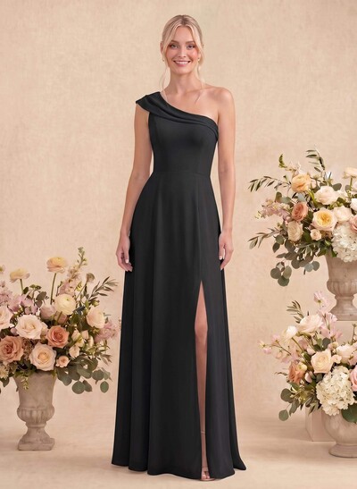 Elegant A-Line One-Shoulder Floor-Length Chiffon Bridesmaid Dresses With High Split