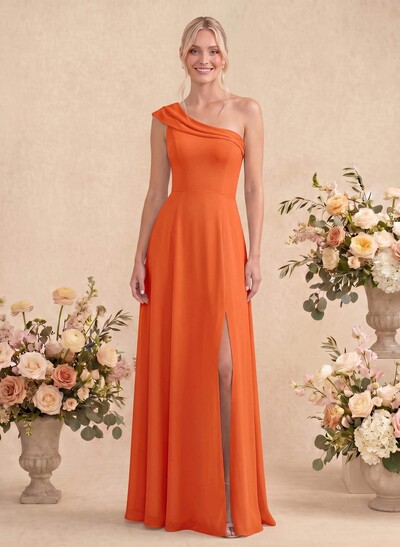 Elegant A-Line One-Shoulder Floor-Length Chiffon Bridesmaid Dresses With High Split