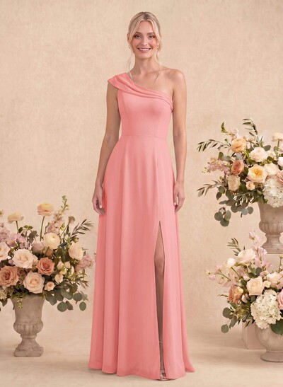Elegant A-Line One-Shoulder Floor-Length Chiffon Bridesmaid Dresses With High Split
