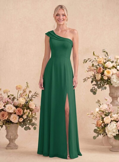 Elegant A-Line One-Shoulder Floor-Length Chiffon Bridesmaid Dresses With High Split