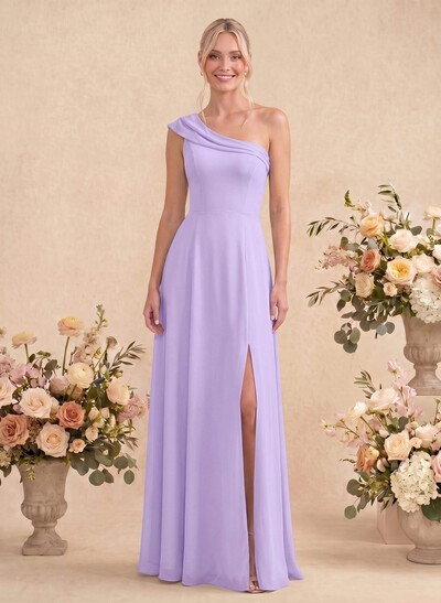Elegant A-Line One-Shoulder Floor-Length Chiffon Bridesmaid Dresses With High Split