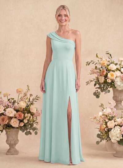 Elegant A-Line One-Shoulder Floor-Length Chiffon Bridesmaid Dresses With High Split