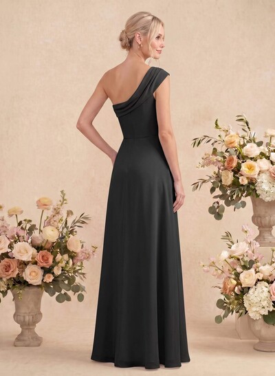Elegant A-Line One-Shoulder Floor-Length Chiffon Bridesmaid Dresses With High Split