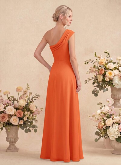 Elegant A-Line One-Shoulder Floor-Length Chiffon Bridesmaid Dresses With High Split