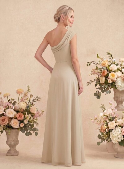Elegant A-Line One-Shoulder Floor-Length Chiffon Bridesmaid Dresses With High Split