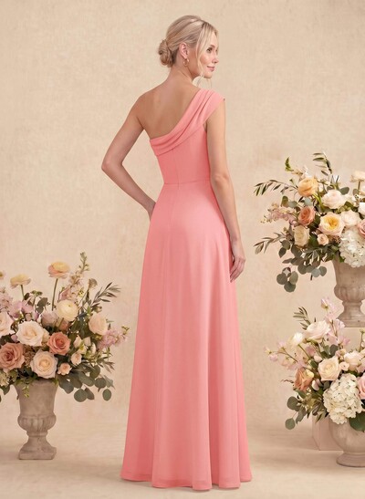 Elegant A-Line One-Shoulder Floor-Length Chiffon Bridesmaid Dresses With High Split