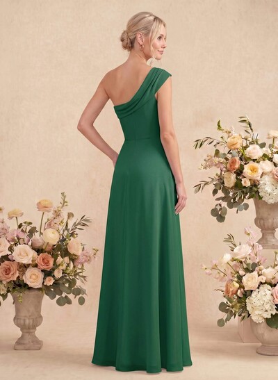Elegant A-Line One-Shoulder Floor-Length Chiffon Bridesmaid Dresses With High Split