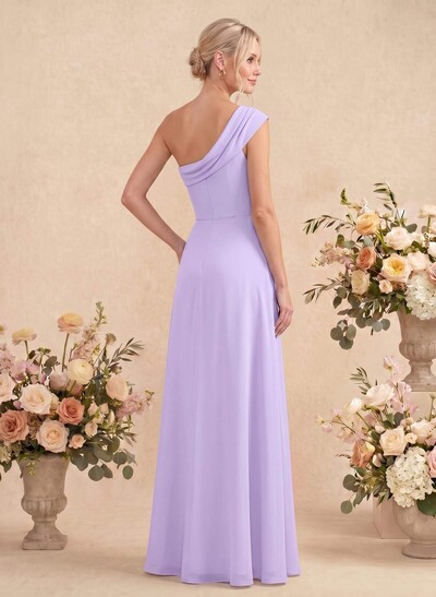 Elegant A-Line One-Shoulder Floor-Length Chiffon Bridesmaid Dresses With High Split