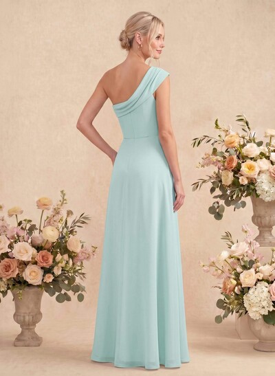 Elegant A-Line One-Shoulder Floor-Length Chiffon Bridesmaid Dresses With High Split