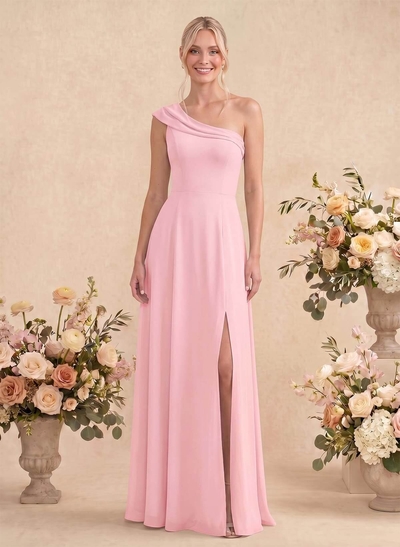 Elegant A-Line One-Shoulder Floor-Length Chiffon Bridesmaid Dresses With High Split