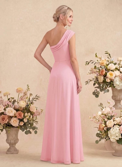 Elegant A-Line One-Shoulder Floor-Length Chiffon Bridesmaid Dresses With High Split