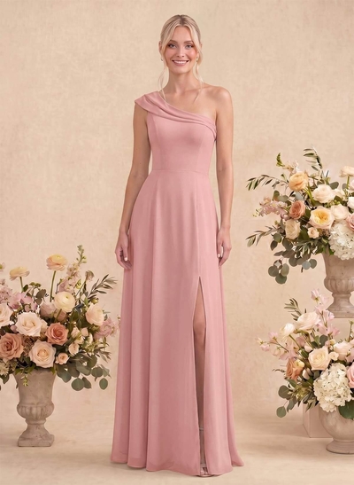 Elegant A-Line One-Shoulder Floor-Length Chiffon Bridesmaid Dresses With High Split