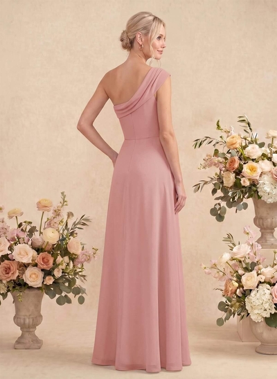 Elegant A-Line One-Shoulder Floor-Length Chiffon Bridesmaid Dresses With High Split