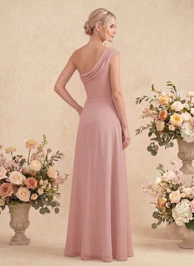 Elegant A-Line One-Shoulder Floor-Length Chiffon Bridesmaid Dresses With High Split