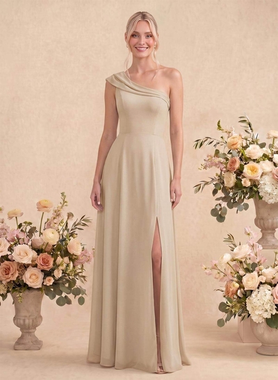 Elegant A-Line One-Shoulder Floor-Length Chiffon Bridesmaid Dresses With High Split