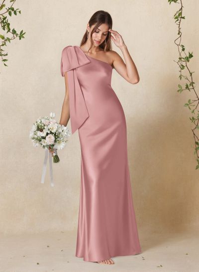 Elegant Bow(s) One-Shoulder Back Slit Floor-Length Charmeuse