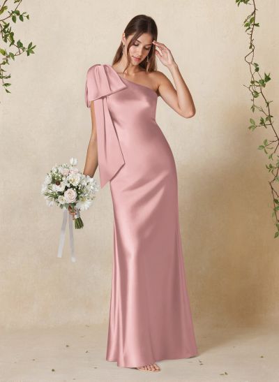 Elegant Bow(s) One-Shoulder Back Slit Floor-Length Charmeuse