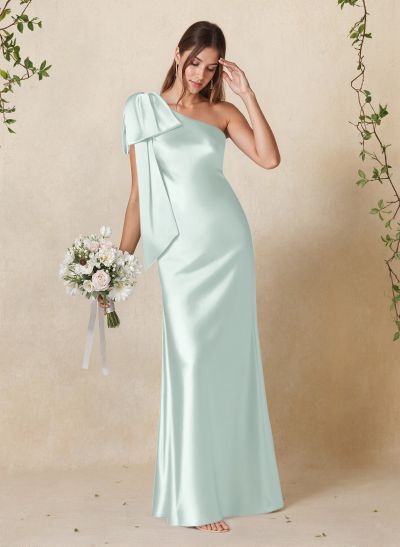 Elegant Bow(s) One-Shoulder Back Slit Floor-Length Charmeuse